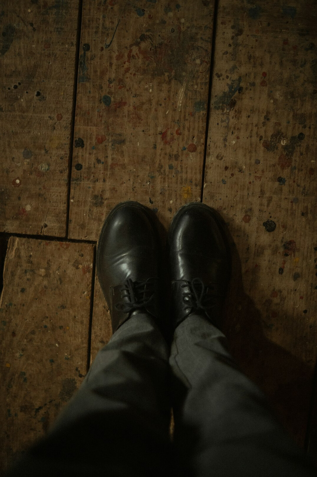 Overhead view of a studio floor with cameras and cables